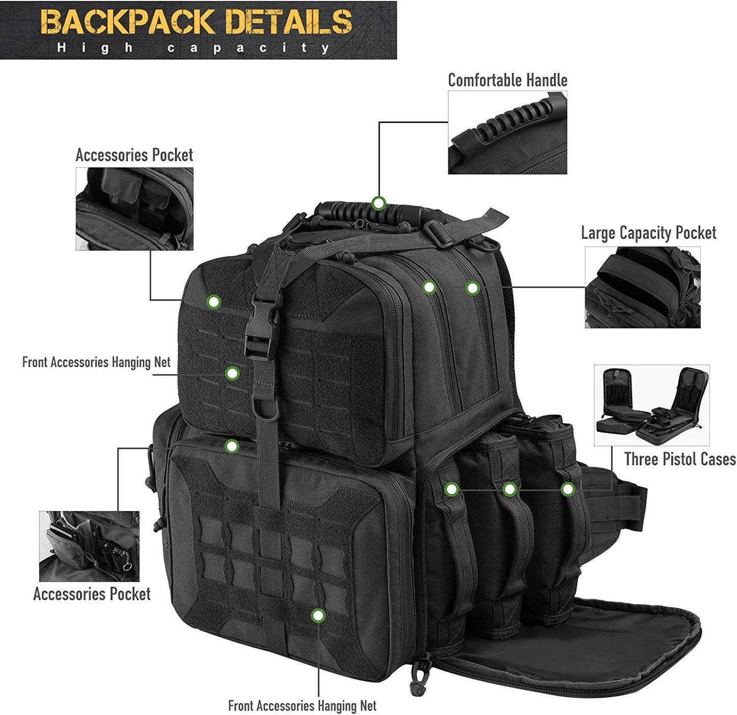 Tactical Range Backpack Bag, VGOO Range Activity Bag For Handgun And Ammo, 3 Pistol Carrying Case For Hunting Shooting