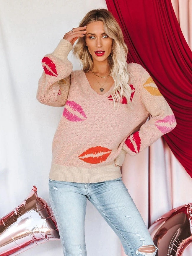 New Women's Fashion KISS Lips V-neck Cored Yarn Pullover Sweater