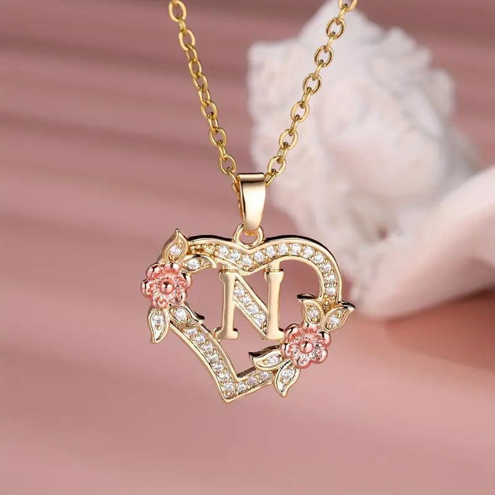 Fashion Hollowed-out Love Heart Flowers Letter Necklace