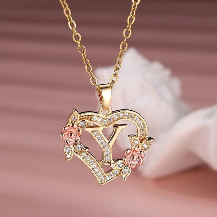 Fashion Hollowed-out Love Heart Flowers Letter Necklace