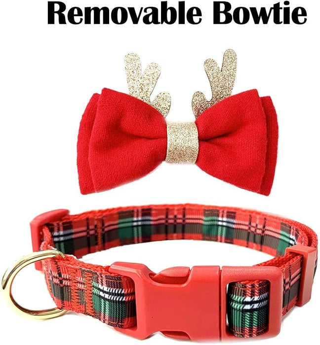 Christmas Dog Collar, Plaid Dog Collar and Cute Glitter Reindeer Antler with Bowtie, Soft & Comfy Xmas Dog Collars, for Large Dogs