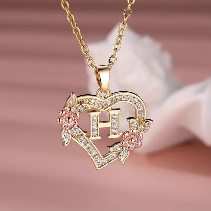 Fashion Hollowed-out Love Heart Flowers Letter Necklace