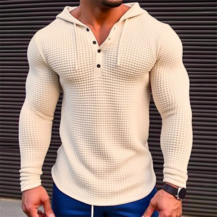 Elite Men's Pullover Casual Long Sleeve T-shirt Waffler Slim Tops Sweat-shirt Solid Color Comfortable Mens Outdoor Streetwear S-3XL