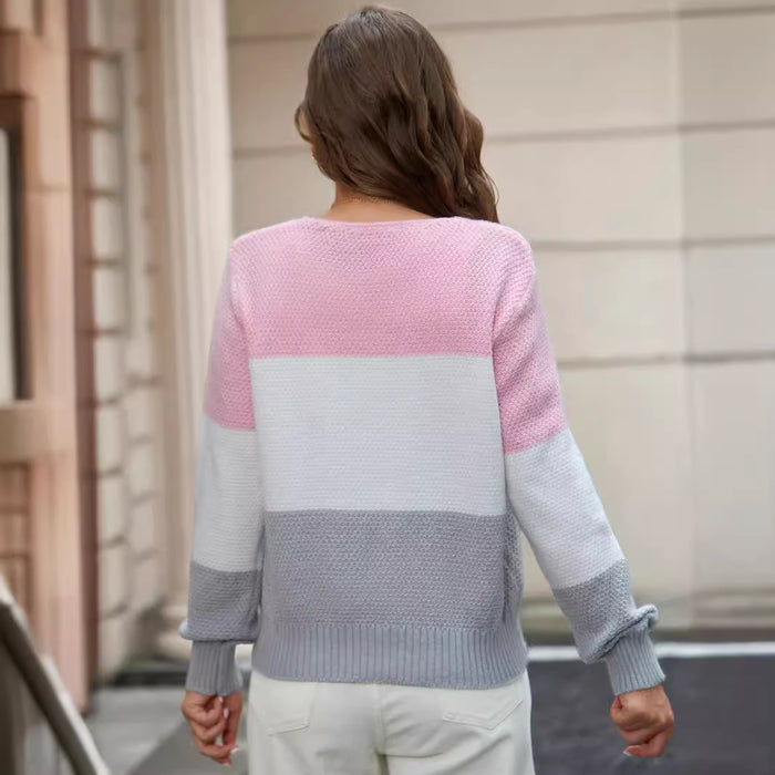 Women Long Sleeve Sweater Fashion Colorblock Button Top