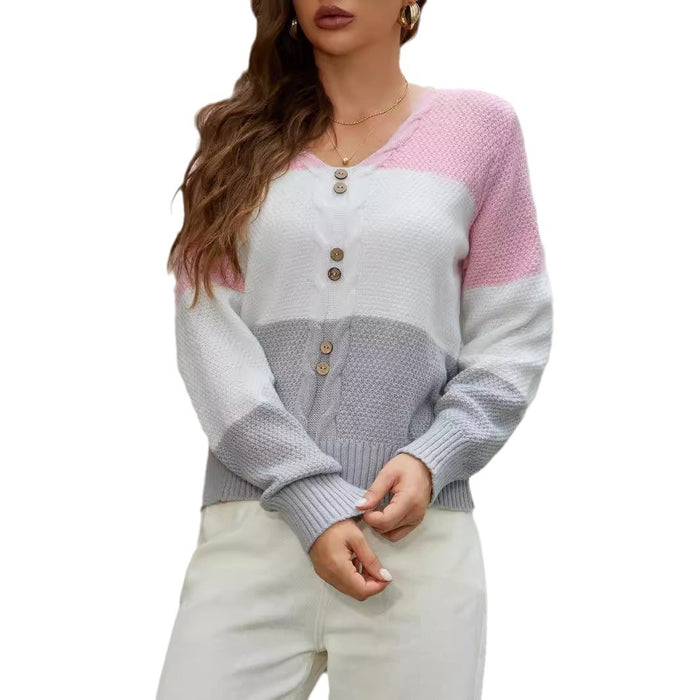 Women Long Sleeve Sweater Fashion Colorblock Button Top