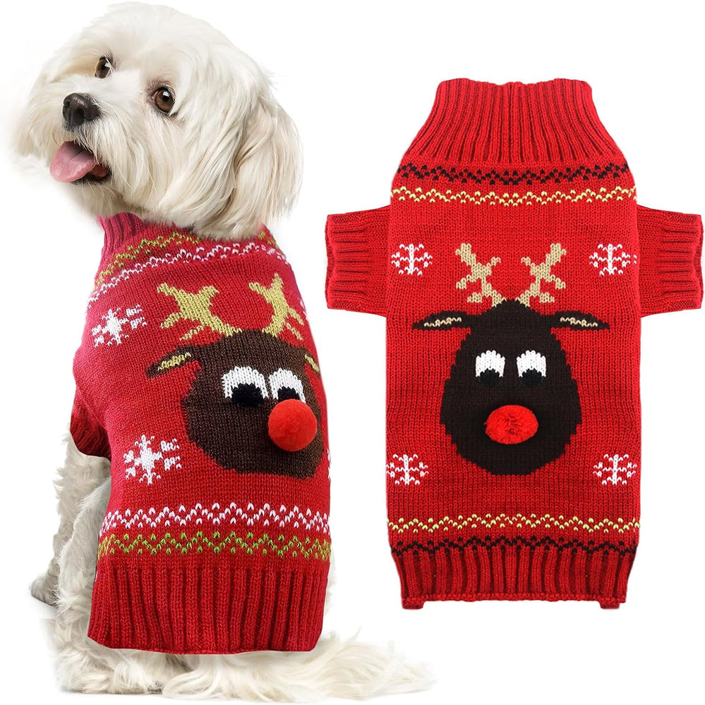 Ugly Christmas Dog Sweater Reindeer Xmas Dog Outfits Pet Dog Holiday Costumes Red Puppy Cat Winter Knitwear Clothes Turtleneck Warm Jumper Clothes for Small Medium Large Dogs(Red,Xxs)